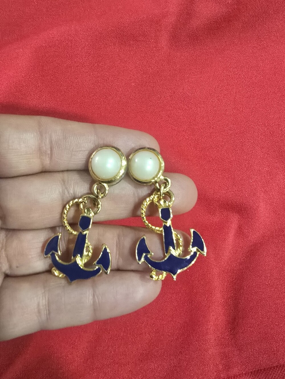 Navy Blue Anchor Drop Earrings with Pearl Stud - Picture 5 of 6
